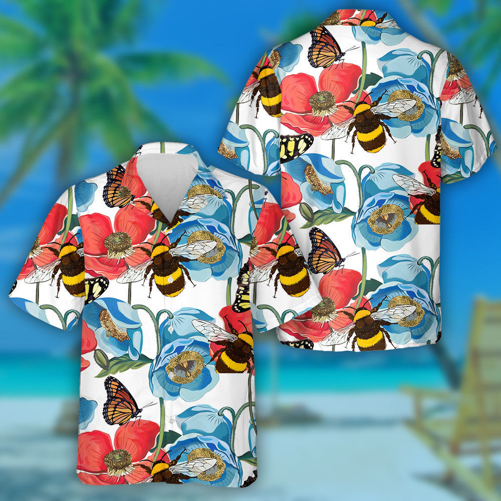 Bláthanna Poppy Dearg le Bumblebee Ar Chúlra Bláthanna Geal Léine Haváís, Bronntanas Léine Haváís, Bronntanas Nollag