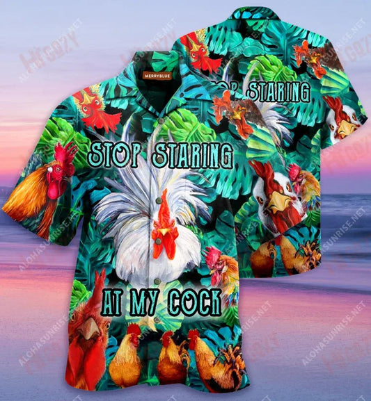Stop Staring At My Cock Funny Rooster Quote Unisex Hawaiian Shirt Summer Short Sleeve Tactical Hawaiian Shirt Funny Hawaiian Shirts, Hawaiian Shirt Gift, Christmas Gift