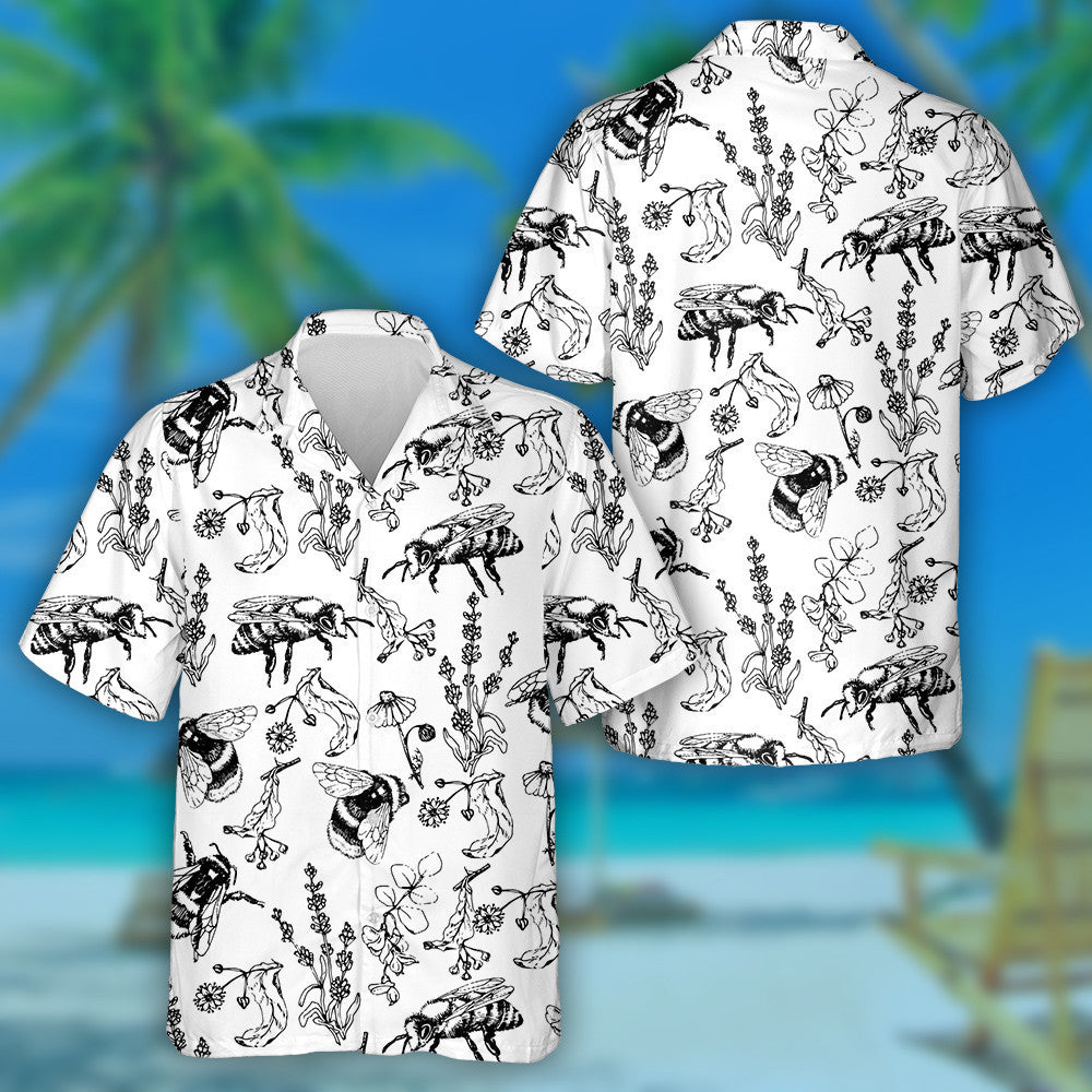 Black And White Bees And Honey Flowers Hawaiian Shirt, Hawaiian Shirt Gift, Christmas Gift