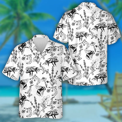 Black And White Bees And Honey Flowers Hawaiian Shirt, Hawaiian Shirt Gift, Christmas Gift