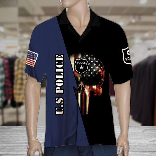 Us Police With Punisher American Flag Hawaiian Shirt, Hwaiian For Gift