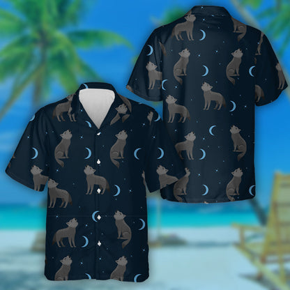 Grey Wolf Howling At The Blue Moon Hawaiian Shirt, Hawaiian Shirt Gift, Christmas Gift