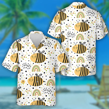 Natural Summer Cute Bees And Rainbows Hawaiian Shirt,Hawaiian Shirt Gift, Christmas Gift