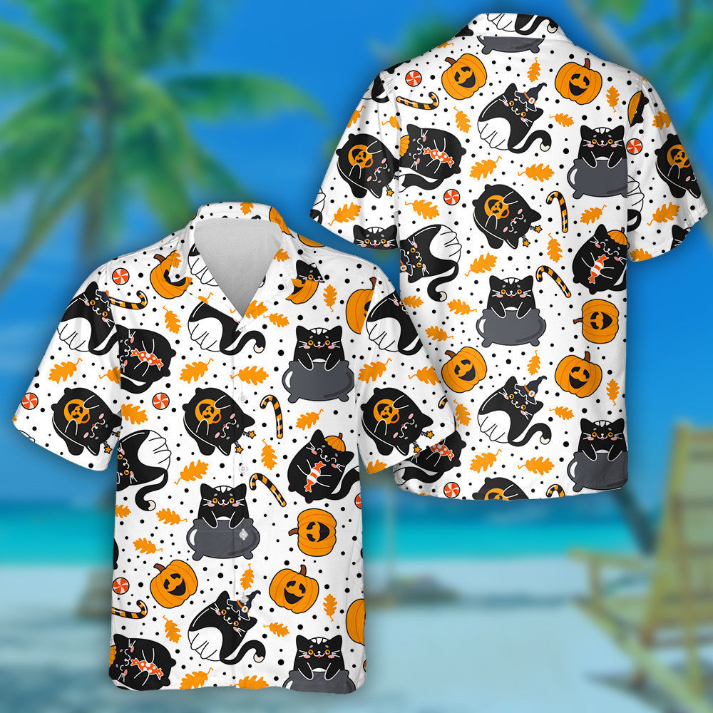 Cute Black Cats Autumn Leaves And Sweets Hawaiian Shirt, Hawaiian Shirt Gift, Christmas Gift
