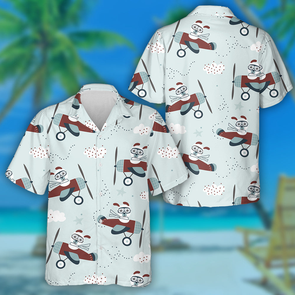 Cartoon Retro Aircraft With Dog Background Hawaiian Shirt, Hawaiian For Gift