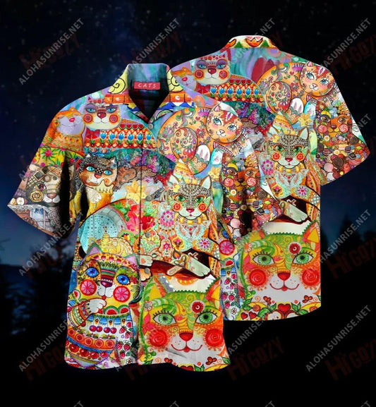 Cute Colorful Cats Short Short Sleeve Shirt Ocean Tropical Shirts Vintage Hawaiian Shirts Hawaiian Shirt Pattern, Hwaiian For Gift