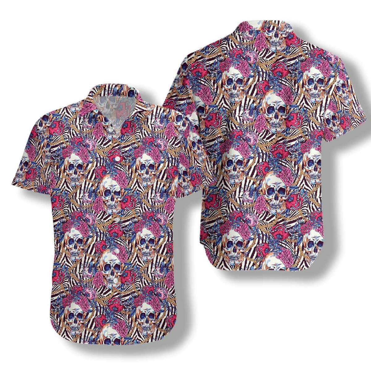Skull With Roses On Zebra Background Pattern Hawaiian Shirt, Hawaiian Shirt Gift, Christmas Gift