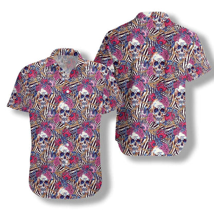 Skull With Roses On Zebra Background Pattern Hawaiian Shirt, Hawaiian Shirt Gift, Christmas Gift