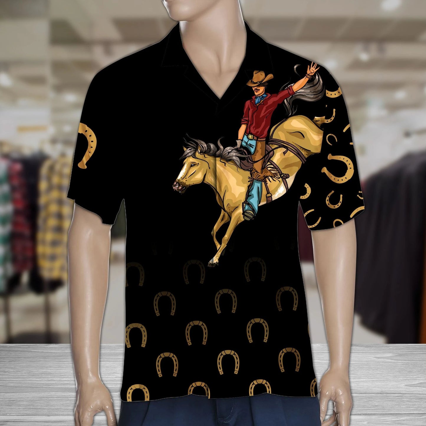 Capall Buachaill ag Marcaíocht Le Crúnna Órga I Léine Dubh Haváís, Bronntanas Léine Haváíais, Bronntanas Nollag