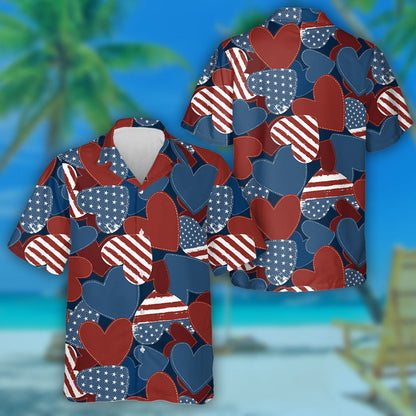 American Flag Grunge Heart Symbol Knit Pattern Hawaiian Shirt, Hawaiian Shirt Gift, Christmas Gift
