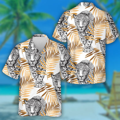 Sceitse den Liopard Siúil In Óir Duilleoga pailme Coimhthíocha Léine Haváí, Bronntanas Léine Haváíais, Bronntanas Nollag