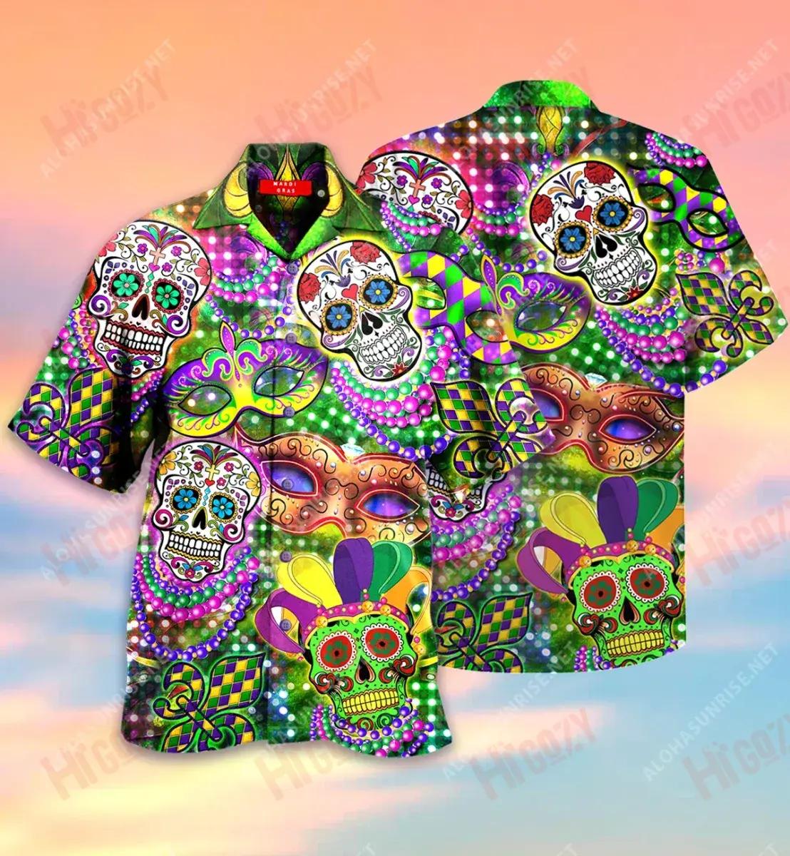 Skulls Mardi Gras Léine Gearr Haváís Samhraidh Aloha Shirt Léine Oirbheartaíochta Haváís Patrún Léine Haváís, Bronntanas Léine Haváís, Bronntanas Nollag