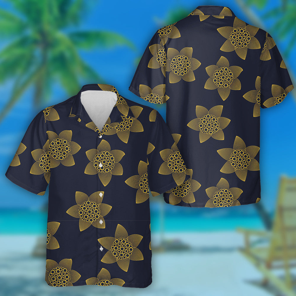 Modern Gold Stylized Sunflowers On Dark Background Hawaiian Shirt, Hawaiian Shirt Gift, Christmas Gift
