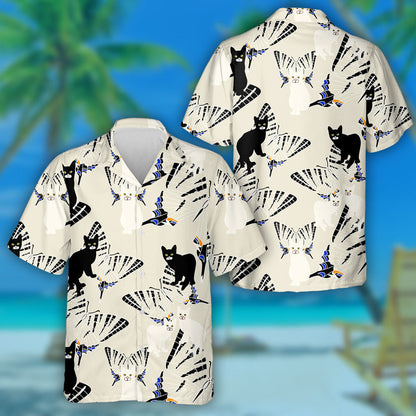 Black And White Cat With Striped Butterflies Hawaiian Shirt, Hawaiian Shirt Gift, Christmas Gift