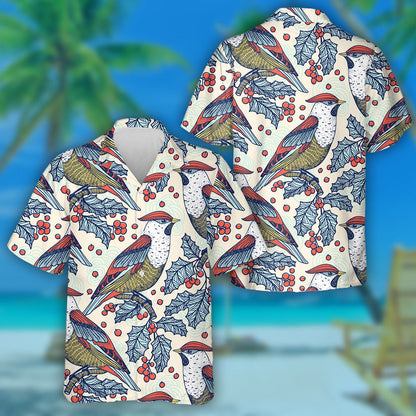 Bird Waxwings And Holly Berries Hawaiian Shirt, Hawaiian For Gift