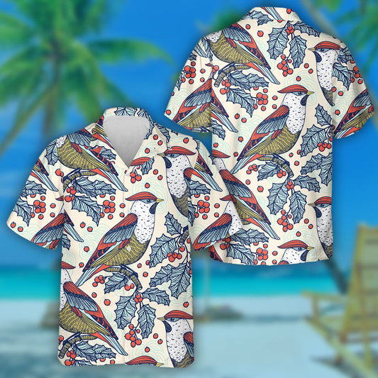 Bird Waxwings And Holly Berries Hawaiian Shirt, Hawaiian For Gift