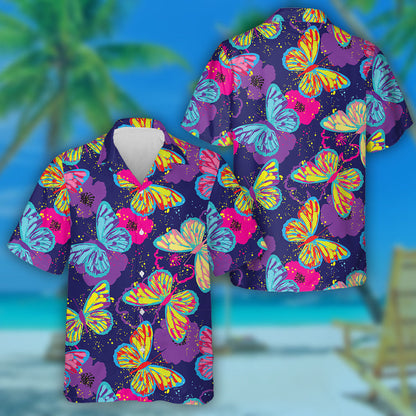 Hand Drawn Butterflies Paint On Dark Hawaiian Shirt, Hawaiian For Gift