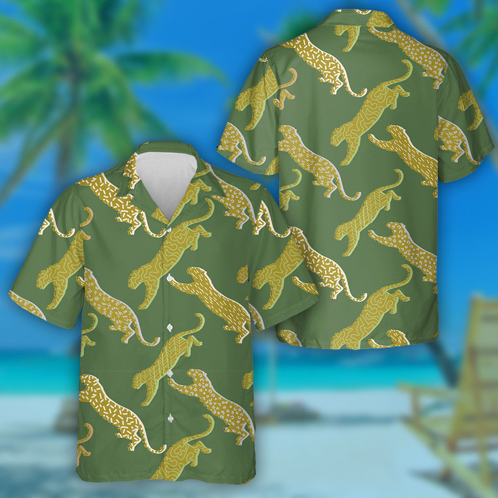 Jumping Leopard Silhouettes Background In Geometric Style Hawaiian Shirt, Hawaiian Shirt Gift, Christmas Gift