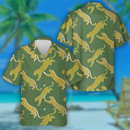 Jumping Leopard Silhouettes Background In Geometric Style Hawaiian Shirt, Hawaiian Shirt Gift, Christmas Gift