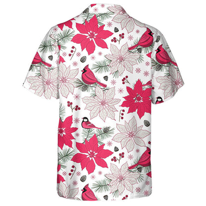 Watercolor Red Cardinal Poinsettia Flower And Birds Hawaiian Shirt, Hawaiian Shirt Gift, Christmas Gift