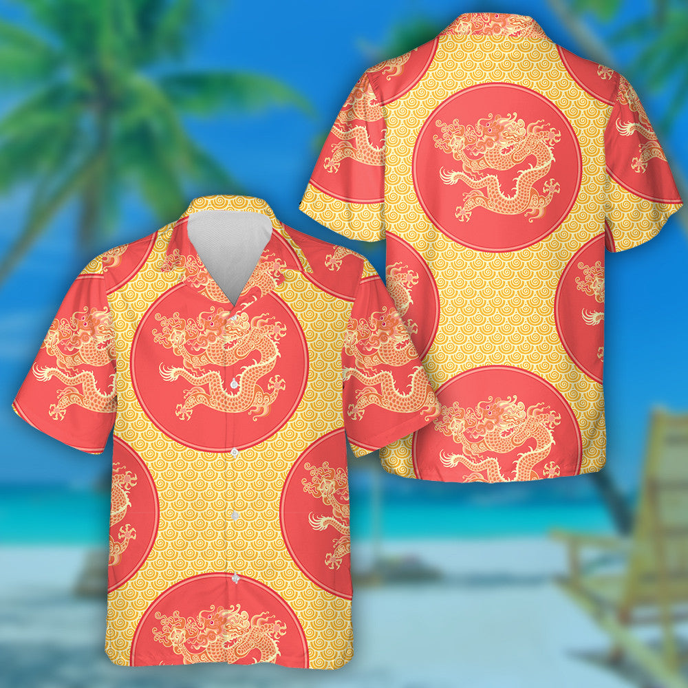 Chinese Gold Dragon On Red Circled Hawaiian Shirt, Hawaiian For Gift