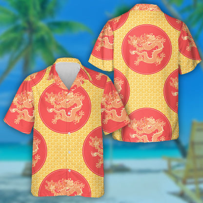 Chinese Gold Dragon On Red Circled Hawaiian Shirt, Hawaiian For Gift