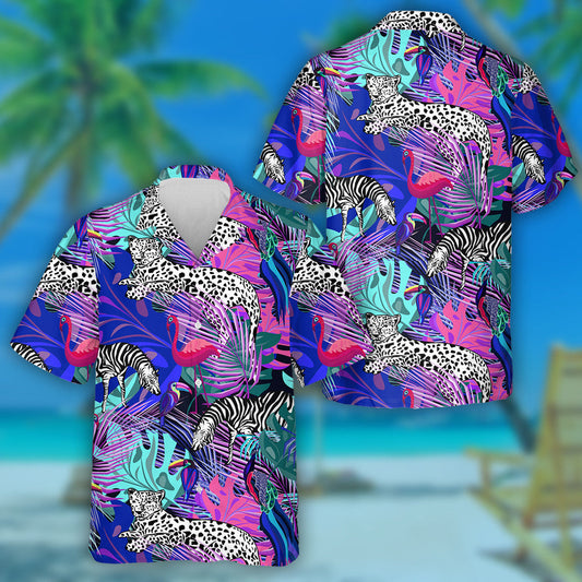 Leopard With Exotic Animals And Birds Hawaiian Shirt, Hawaiian For Gift