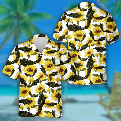 Oíche Shamhna Ialtóg Dhubh Agus Lusanna Gréine Buí ar Chúlra Bán Léine Haváís, Bronntanas Léine Haváís, Bronntanas Nollag