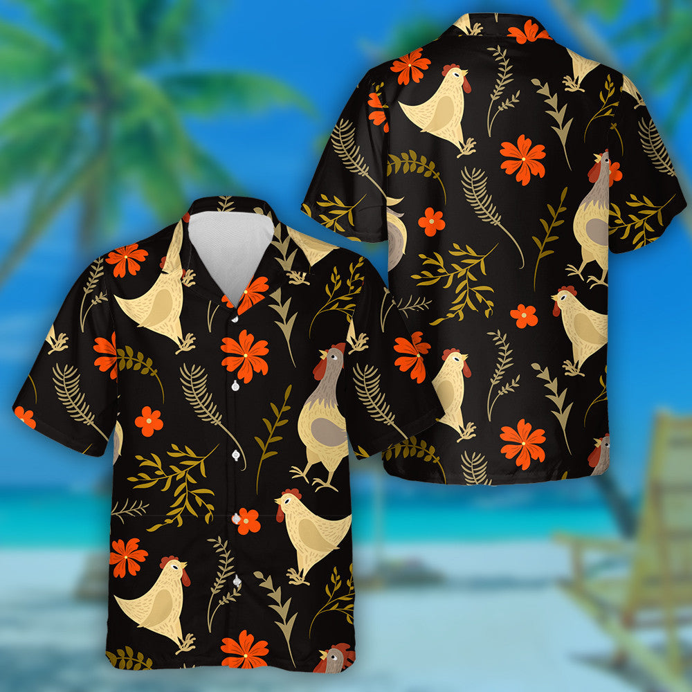 Funny Chicken And Cock With Tropical Plant Hawaiian Shirt,, Hawaiian Shirt Gift, Christmas Gift