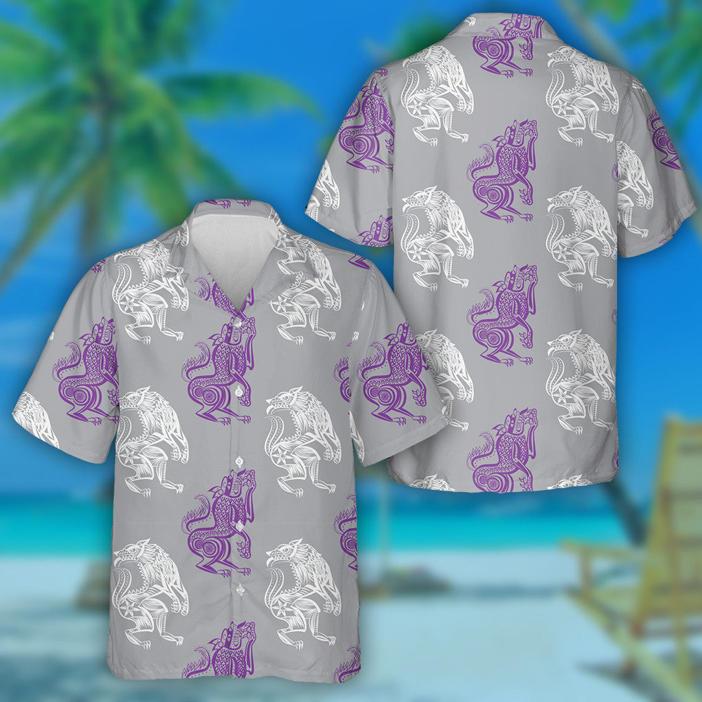 Illustration White And Purple Wolf Doodle Hawaiian Shirt, Hawaiian For Gift