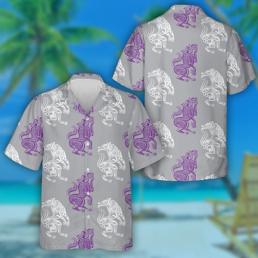 Illustration White And Purple Wolf Doodle Hawaiian Shirt, Hawaiian For Gift