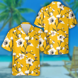 Spring Flowers White Floral Branches On Yellow Background Hawaiian Shirt, Hawaiian Shirt Gift, Christmas Gift