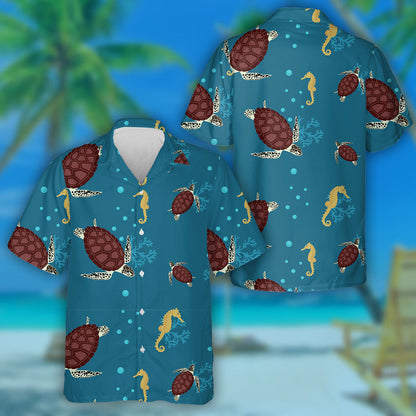 Sea Turtles And Seahorse On A Blue Background Hawaiian Shirt, Hawaiian Shirt Gift, Christmas Gift
