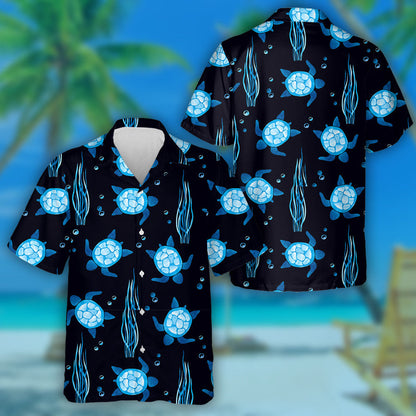 Neon Blue Turtles And Seaweeds On Black Hawaiian Shirt, Hawaiian Shirt Gift, Christmas Gift