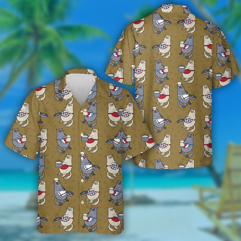 Cute Cats And Dishes On The Brown Hawaiian Shirt,Hawaiian Shirt Gift, Christmas Gift