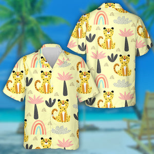 Wild Animals Leopard With Cartoon Rainbows Hawaiian Shirt, Hwaiian For Gift