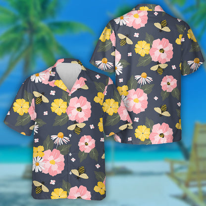 Summer Cartoon Bees With Cottage Garden Flowers Hawaiian Shirt, Hawaiian Shirt Gift, Christmas Gift
