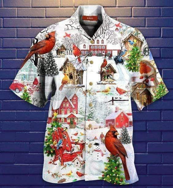 Snowy Hometown Christmas Cardinal Design Hawaiian Shirt,Hawaiian Shirt Gift, Christmas Gift