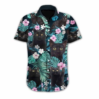 Black Cat Halloween Pattern Illustration Hawaiian Shirt, Hawaiian For Gift