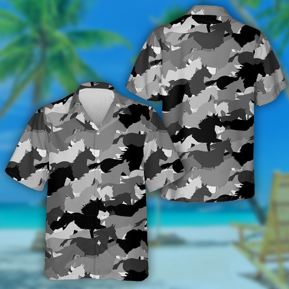 Herd Of Horses Skipping In Black And White Hawaiian Shirt, Hawaiian Shirt Gift, Christmas Gift