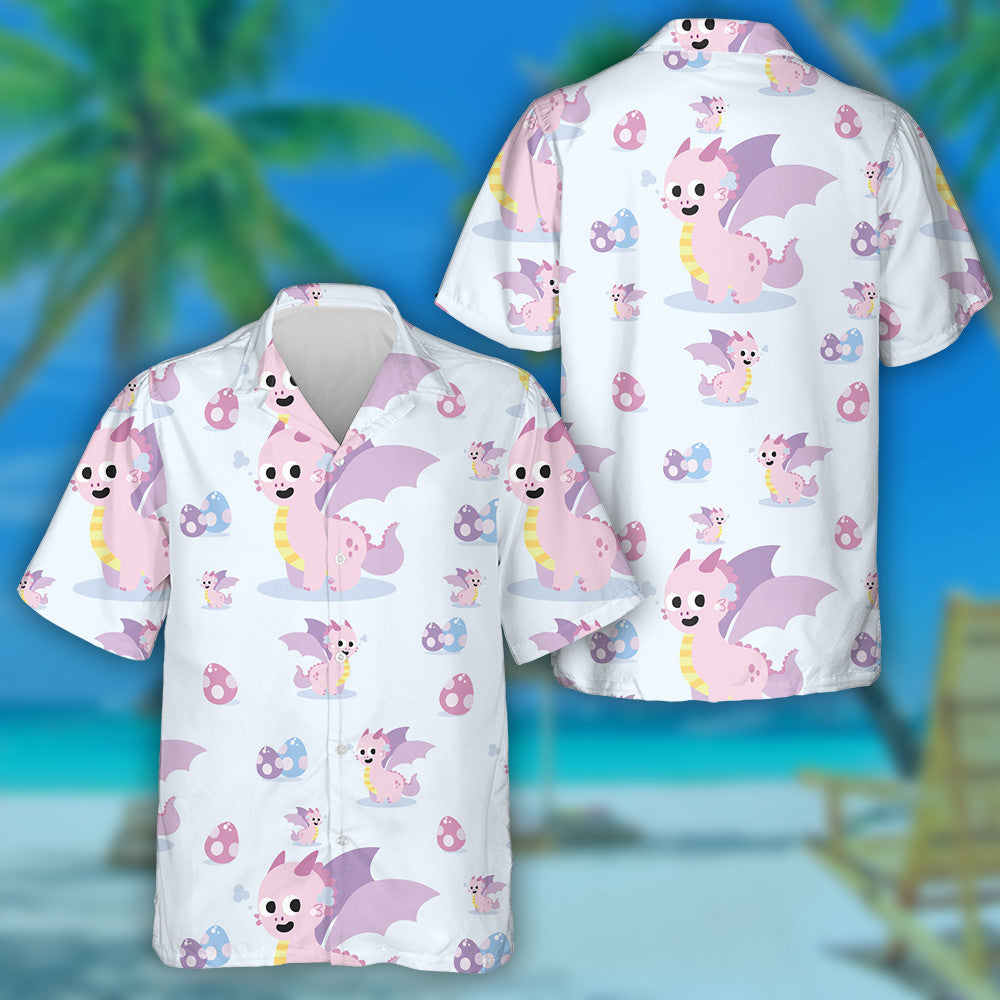 Pink Cute Dragon Cartoon On Blue Background Hawaiian Shirt, Hawaiian Shirt Gift, Christmas Gift
