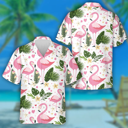 Flamingo Máthair Agus Leanbh le Pailme Agus Bláthanna Trópaiceacha Léine Haváís, Bronntanas Léine Haváíais, Bronntanas Nollag