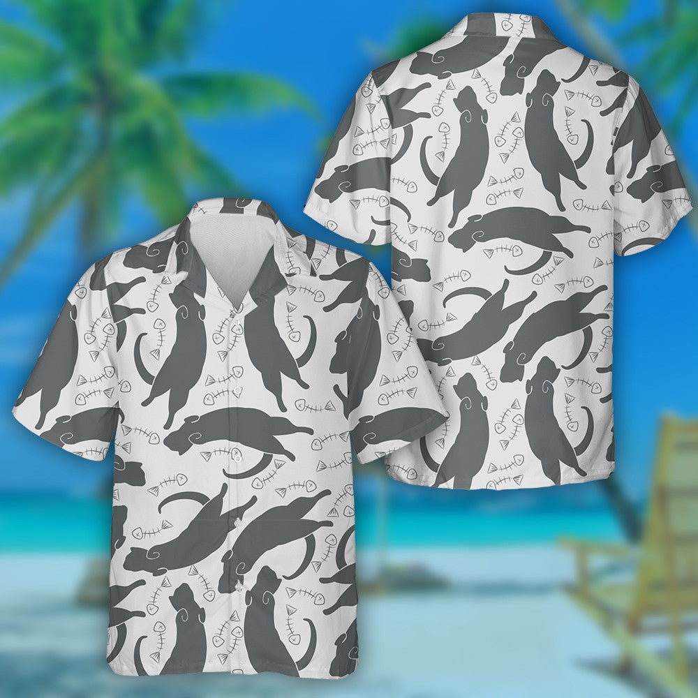 Silhouettes Of Cats And Fish Skeletons Hawaiian Shirt,Hawaiian Shirt Gift, Christmas Gift