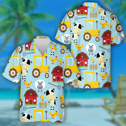 Farm Field Theme Cartoon Cow And Tractor Hawaiian Shirt, Hawaiian Shirt Gift, Christmas Gift