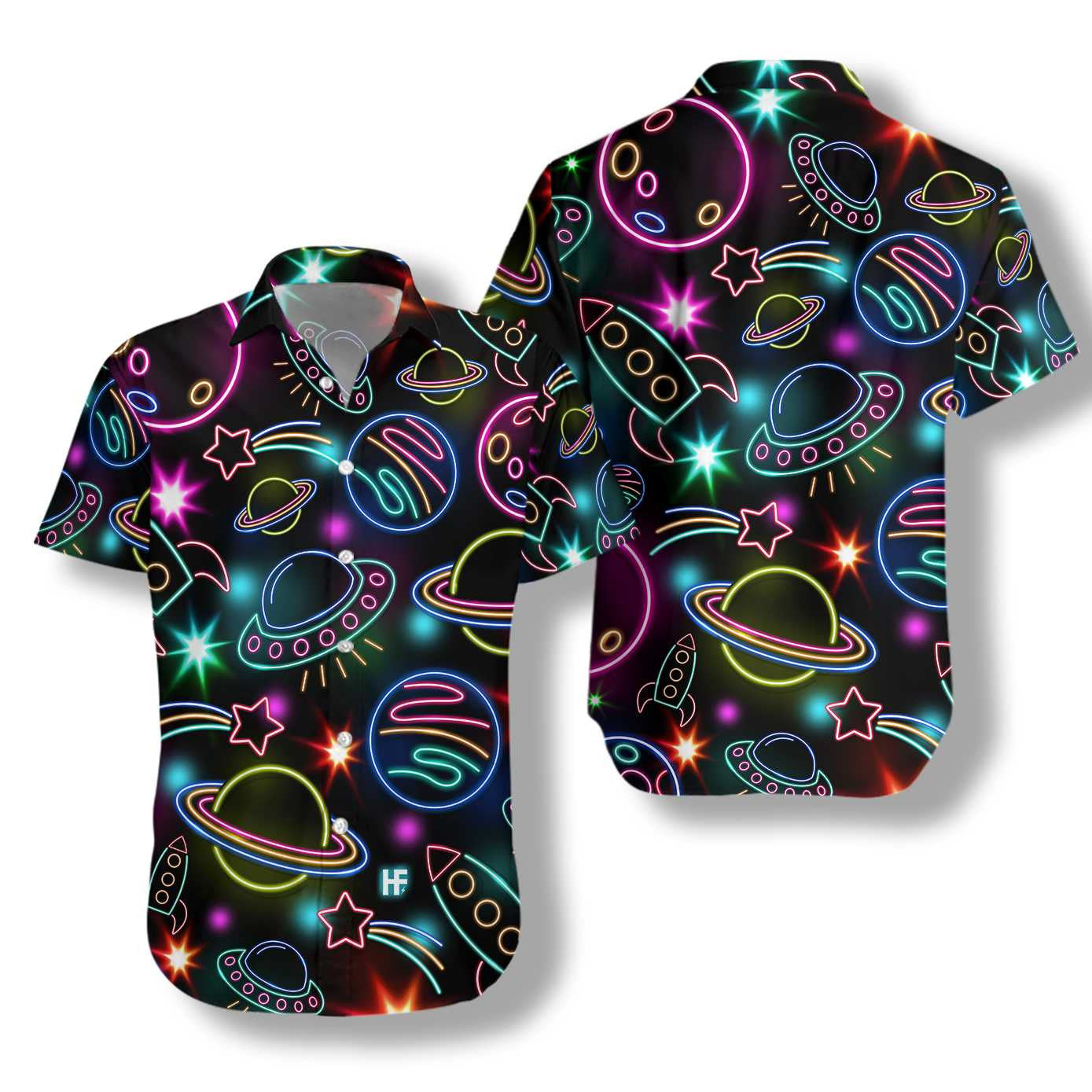 Neon Glowing Space With Rainbow Star Design Hawaiian Shirt, Hawaiian Shirt Gift, Christmas Gift