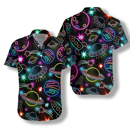 Neon Glowing Space With Rainbow Star Design Hawaiian Shirt, Hawaiian Shirt Gift, Christmas Gift