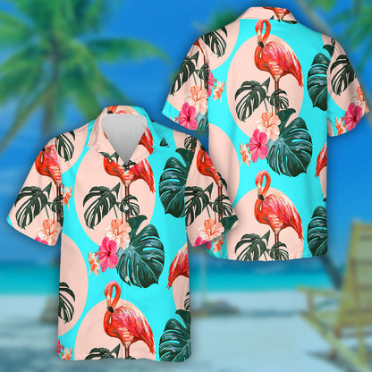 Beautiful Flamingo With Floral And Monstera Leaves Hawaiian Shirt, Hawaiian Shirt Gift, Christmas Gift