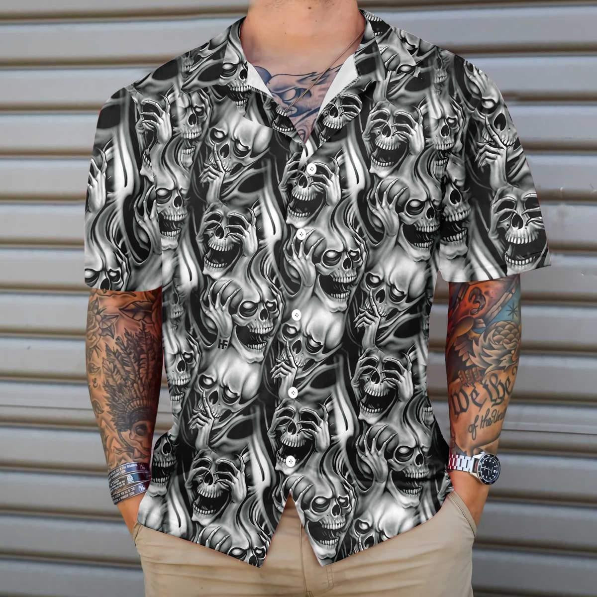 Horror Black And White Skull Day Of The Dead Léine Haváís, Bronntanais Léine Haváís, Bronntanas Nollag