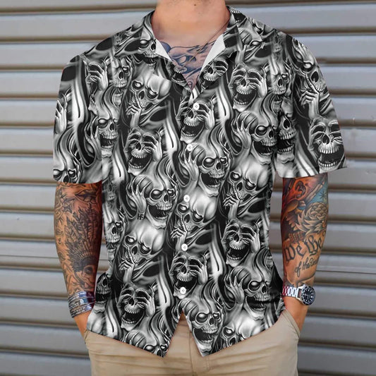 Horror Black And White Skull Day Of The Dead Léine Haváís, Bronntanais Léine Haváís, Bronntanas Nollag