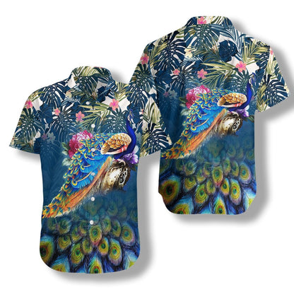 Watercolor Peacock On Blue Background Hawaiian Shirt, Hwaiian For Gift